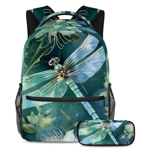 Sac à dos avec trousse à crayons libellule verte pour garçons et adolescents taille L