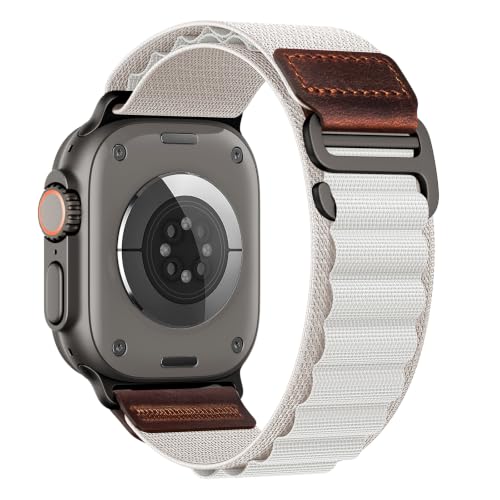 Image of MRAIN-H Leather Design Compatible with Apple Watch Bands Ultra 3 2 1 (49mm) & Series 11 10 9 8 7 6 5 4 SE 3 2 1 (46mm 45mm 44mm), Soft Stretchy Nylon Sport Band for iWatch Men Women