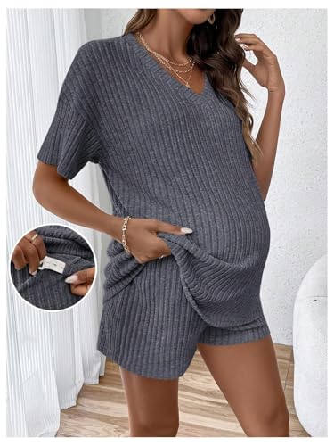 Image of MakeMeChic Women's Maternity 2 Piece Outfits Summer Short Sleeve Rib Knit Tee Top and Short Lounge Sets Clothes