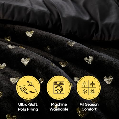 Image of Intelligent Design Queen Comforter Set, 4 Piece Metallic Hearts Bedroom Set for Girls, Queen Bed Set Soft Plush Comforter, Rosalie All Season Fluffy Bedding Set, Full /Queen, Black /Gold 4 Piece