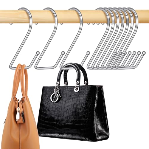 OMHOMETY 15 Pack Purse Hanger for Closet, Super Sturdy Purse Hooks, Hanging Backpack Bag Holder, Closet Organizers and Storage, Silver
