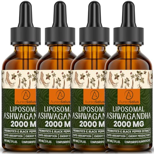AureaSalus Liposomal Ashwagandha Drops 2000 mg, Extracto Natural puro de Ashwagandha, Probióticos Enriquecidos y Extracto de Pimienta Negra (Paquete de 4)
