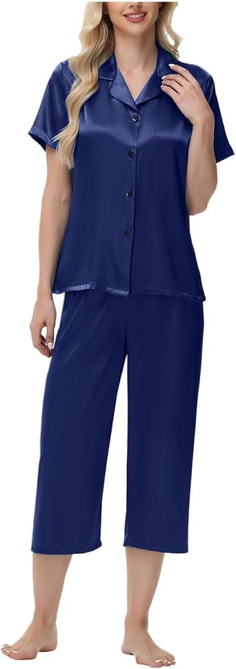 Womens Satin Pajamas Silk Capri Pjs 2 Piece Lounge Sets Comfy Short Sleeve Button Down Sleepwear