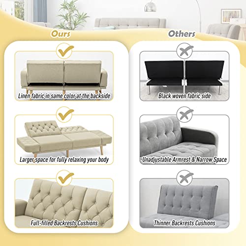 Acmease 70” Linen Fabric Futon Sofa Bed With Adjustable Backrests, Tufted Sleeper Couch With Convertible Armrest, 82” Extendable Loveseat Sofa With 2 Pillows For Living Room, Bedroom, Beige #TOP2