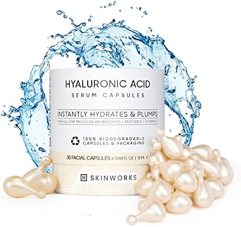 SKINWORKS Hyaluronic Acid Serum for Face, Anti Aging Serum for Fine Lines & Wrinkles, Hydrating Glow Serum, Face Moisturizer Plump & Repair Dry Skin, Unscented, 30 Capsules, 0.61 Fl Oz (BIODEGRADABLE)