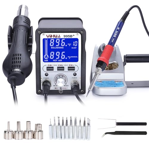 YIHUA 995D+ 2 in 1 Hot Air Rework and Soldering Iron Station with 3 Memories, Large LCD Screen Display, Cool/Hot Air Conversion, Sleep Mode, F /C