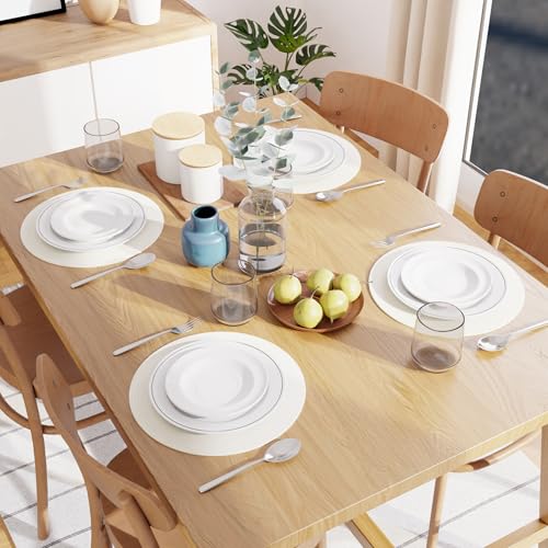 Image of Dining Table Mats Set of 4 | Cotton Table Mat 32 cm Diameter, Encasa XO Washable Round Table Mats, Heat Resistance Dining Table Placemats, Handmade Ribbed Style for Centre Table, Off White