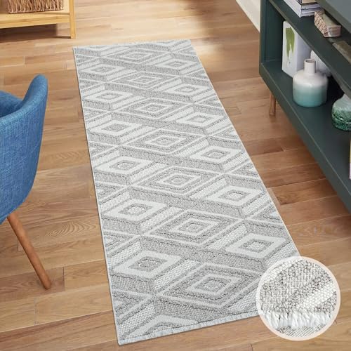 carpet city Teppich-Läufer Kurzflor Flur - Grau, Beige - 80x300 cm - Teppiche Fransen Boho-Style - Rauten-Muster - Schlafzimmer, Wohnzimmer