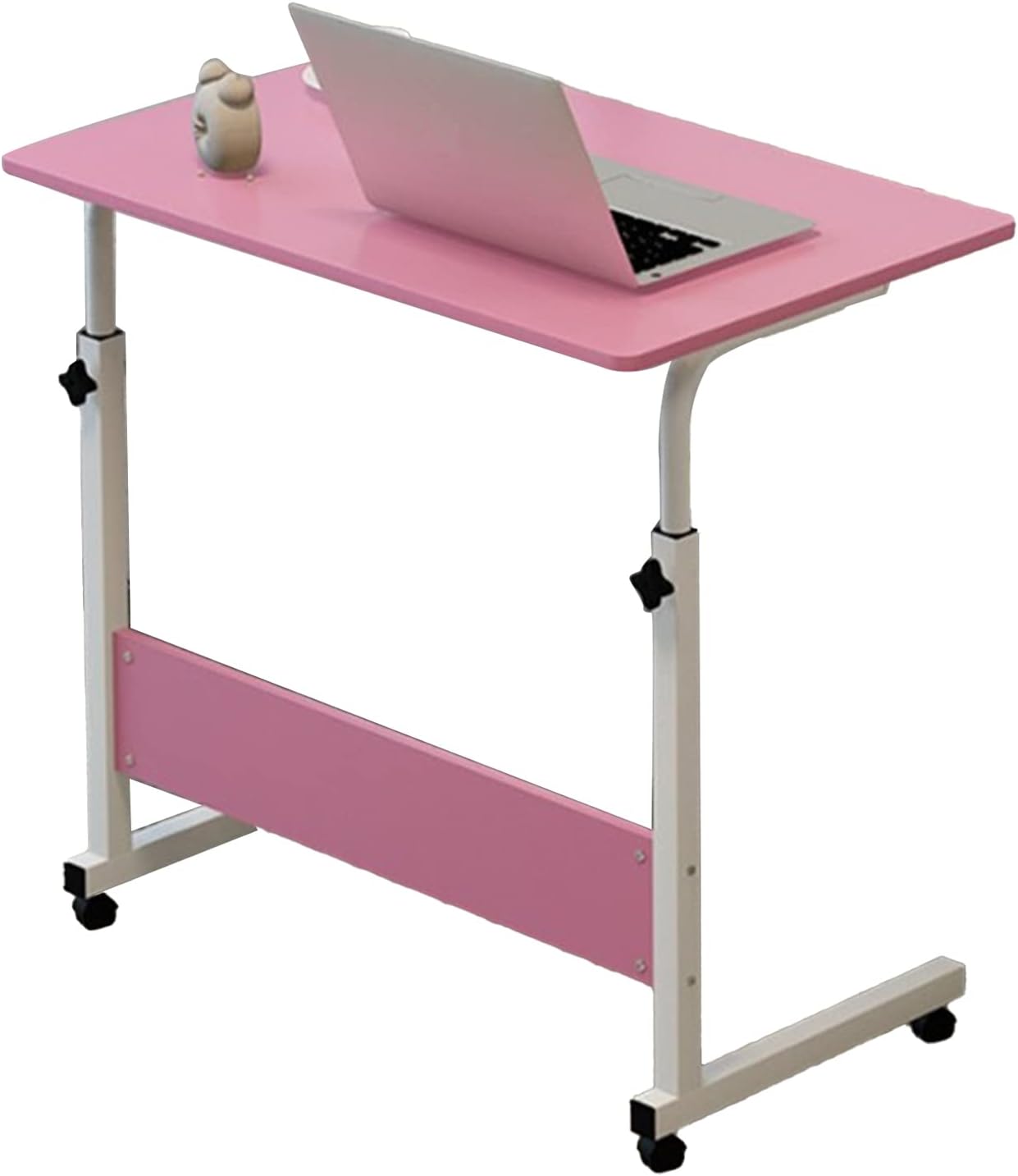 C Shaped End Table Adjustable Overbed Bedside Table with Wheels Rolling Laptop Tray Desk Cart Portable Mobile Sit Stand Desk Tilting Hospital Bed Table (Pink)
