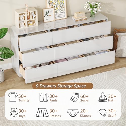 Image of White Wood Dresser, 9 Drawer Dressers for Clothes Storage for Bedroom, Modern Dresser with Wide Drawers, Wide Wooden Chest Drawers for Living Room, Entryway, TV Stand