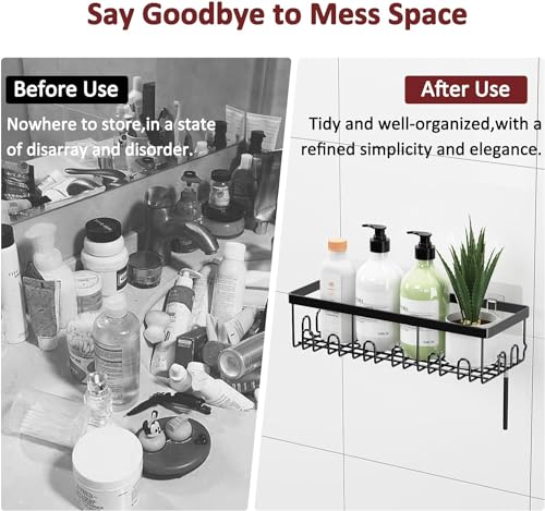 Image of iSTAR Stainless Steel Self Adhesive Multipurpose Bathroom Shelves with Hooks Wall Mount Storage Shelf Racks Bathroom Accessories Organizer, (Black,Powder Coated) Pack of 1