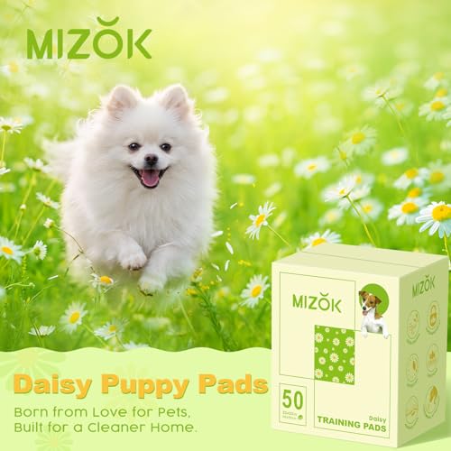 Image of MIZOK Puppy Pads 22 inchx22 inch, Dog Pee Pads 6-Layer Super Absorbent & Leak-Proof, Daisy Pattern, 4-Corner Adhesive Tabs, Wee Wee Pads for Puppies & Small Dog Breeds, Regular Size (50 Counts)