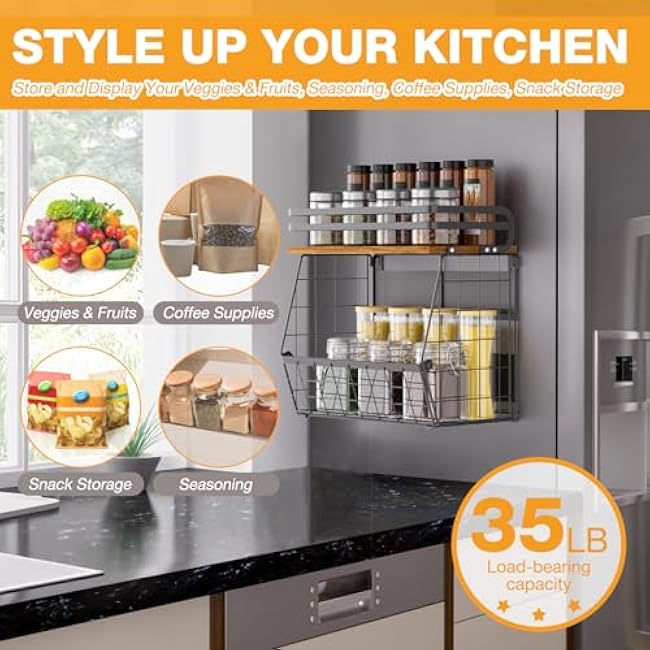 Magnetic Shelf for Fridge with Wood Lid, Large Capacity Wire Basket Magnetic Spice Rack for Refrigerator Kitchen Storage Bin for Fruit, Onion, Potatoes, Storage Organizer for Counter & Cabinet, Black