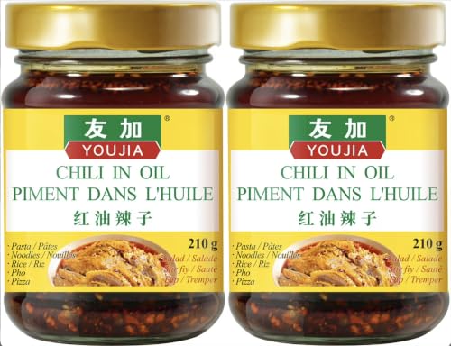 Youjia Crispy Chili Oil, Crunchy Chili Crisp Condiment Gourmet Spicy Oil Topping for Noodles, Ramen,Dumplings Dipping Sauce, Salads, Stir-fry and Fried Rice, Everyday Kitchen Essential, 210g x 2