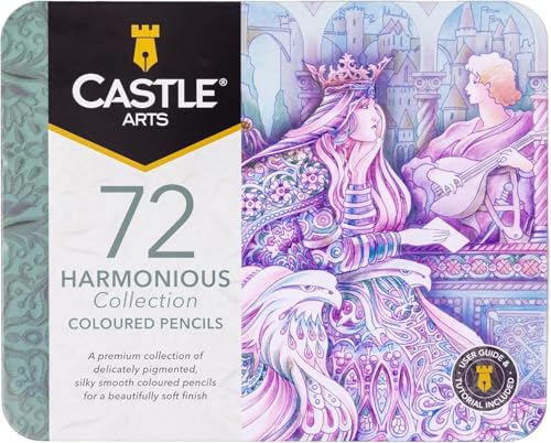 Castle Art Supplies 72 Harmonious Coloured Pencils Set | Wax-Based Soft Core Coloured Pencils for Expert Blending | Unique Muted and Moody Palette for Adult Artists | Organised in Presentation Tin