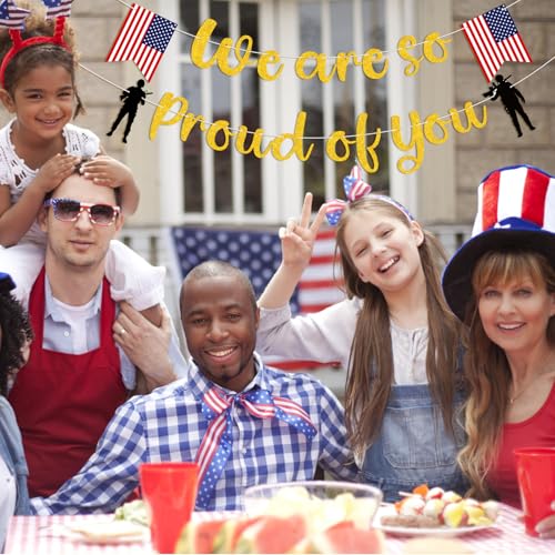 Image of We Are So Proud of You Banner Sign Military Going Away Bunting Banner Flag Patriotic Soldier Garland for Memorial Day Military Day Party Decorations Supplies