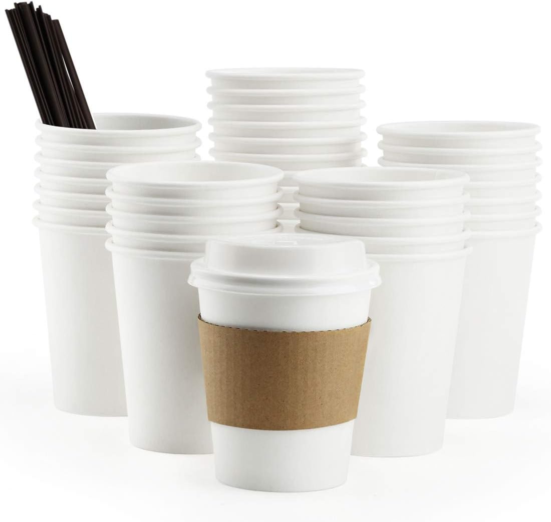 Eupako 8 oz White Disposable Paper Cups with Lids, Sleeves and Straws, to Go Coffee Cup 100 Count