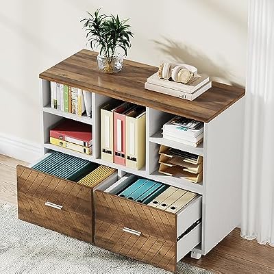 Tribesigns 2-Drawer Wood File Cabinet, Mobile Lateral Filing Cabinet for Hanging Letter Size Files, Printer Stand with Open Storage Shelves for Home Office (Oak Karo & White)