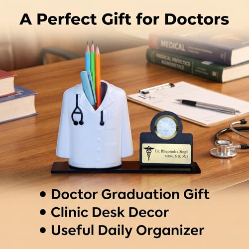 Image of Medical Theme Desk Organizer with clock - personalized gift to a doctor Pen Stand | Unique Apron /Coat Shape Pencil Holder | A gift to doctors female, male & Medical Aspirants