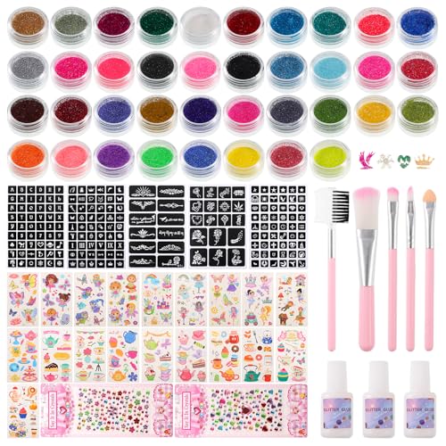 Juego de tatuajes con purpurina para niños, 30 colores, 7 juegos de plantillas, 5 pinceles, 2 pegatinas de diamante, 19 hojas, kit de maquillaje para carnaval, fiesta de Halloween