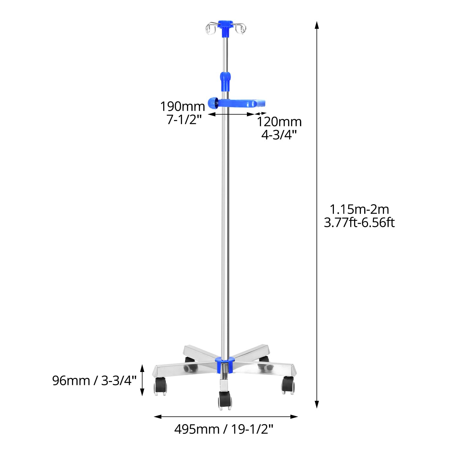 QWORK® Supporto regolabile in acciaio inox IV Drip Stand, Drip Stand con maniglia e ruote per ospedale e assistenza domiciliare