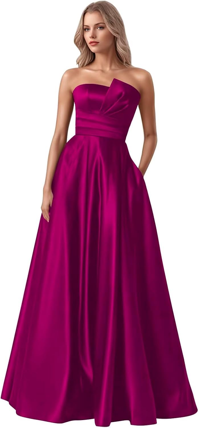 Strapless Prom Dress for Women Satin Long Ball Gown A Line Corset Formal Evening Party Dress with Pockets