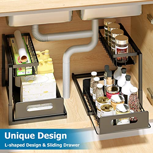 Metal Under Sink Kitchen Organizer With Cups And Hooks, 2 Tier L Shaped Rack Pull Out Under Sink Storage With Sliding Drawer, Multifunction Cabinet Organizer For Kitchen Bathroom Office Living Room #TOP2