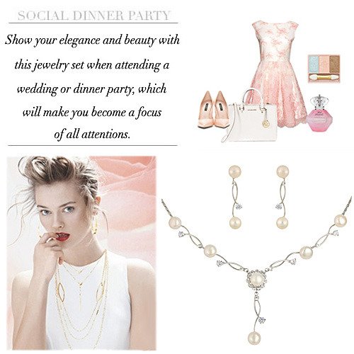 EleQueen Women's Silver-Tone Cubic Zirconia Simulated Pearl Bridal Necklace Earrings Set, Ivory Color