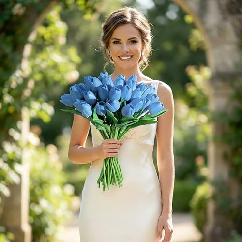 Image of 20Pcs Stems 13.5 Inch Light Blue PU Artificial Moisturizing Tulips, Faux Tulips Flowers for Thanksgiving Christmas Decorations Wedding Home Table Vase Floral Arrangements