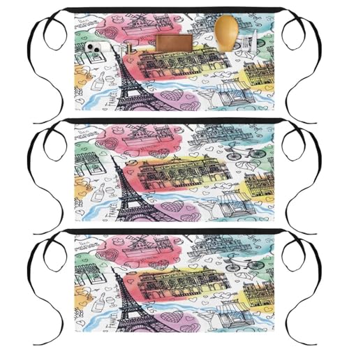 Tablier court avec 3 poches lot de 3 demi-tabliers multicolores pour service et pâtisserie