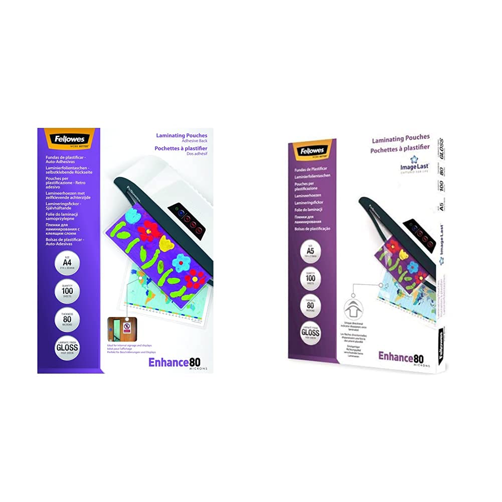 Fellowes 53022 Enhance Pochettes de plastification à dos adhésif 80 microns A4 - Pack de 100 Transparent & 5306002 Pochettes de plastification 80 microns - Format A5 - Technologie ImageLast