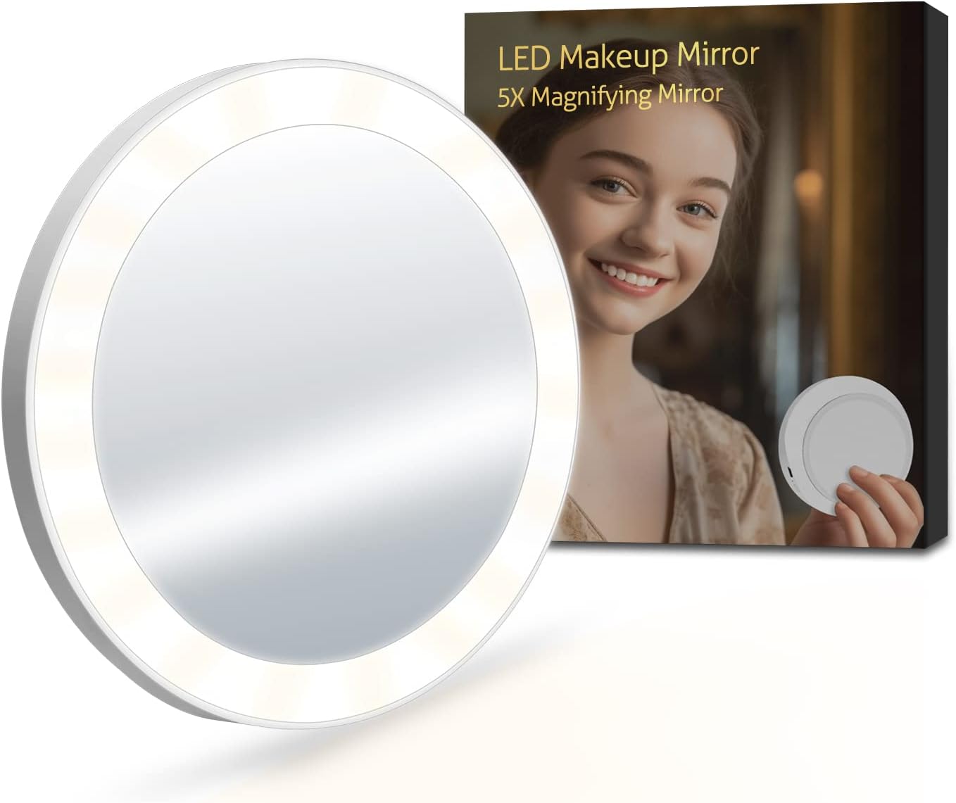 LED Lighted Magnifying Mirror 5X, PalmTop Mirror with Suction Cup, for Makeup Tweezing Eyebrows
