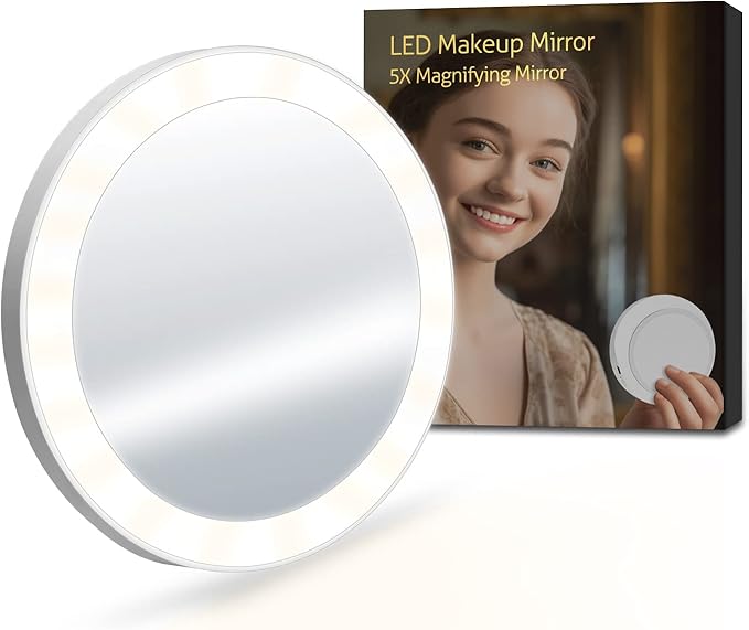 LED Lighted Magnifying Mirror 5X, PalmTop Mirror with Suction Cup, for