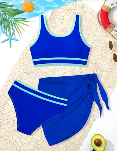 Image of Girls Swimsuit Double Strap High Waist Sporty Bikini Swimsuits Swim Cover Up Skirt 3 Piece Set