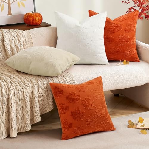Image of decorUhome Decorative Two Rust Pumpkins Thanksgiving Throw Pillow Covers 18x18 Set of 2, Soft Chenille Jacquard Farmhouse Textured Pillow Covers for Couch Bed Sofa Autumn Harvest Halloween Holiday