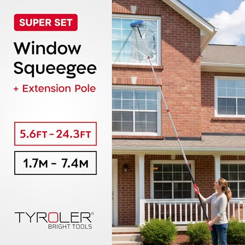 Image of Tyroler Professional Window Squeegee with Extension Pole 6-25ft | | Squeegee for Window Cleaning | Outdoor Window Cleaner Tool | Windows Washing Kit with Extension Pole