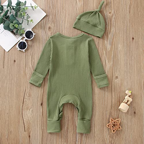 Bulingna Newborn Infant Baby Boy Girl Long Sleeve Knit Ribbed Jumpsuit Solid Color Gender Neutral Baby Clothes With Hat (Army Green, 0-3 Months) #TOP3