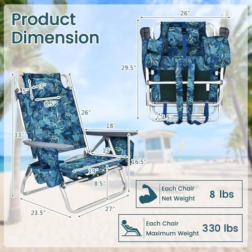 Image of Tangkula Set of 4 Backpack Beach Chair, 5-Position Lay Flat Beach Chairs with Cooler Bag, 2 Cup Holders, Towel Bar, Lightweight Low Folding Beach Chair with Backpack Straps, Navy