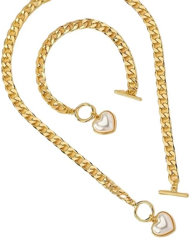 Pearl Heart Necklace and Bracelet Set for WomenHeart Locket Choker with Cuban Link Chain, Chunky Statement Jewelry for Women Trendy Party Jewelry Set - Image 6