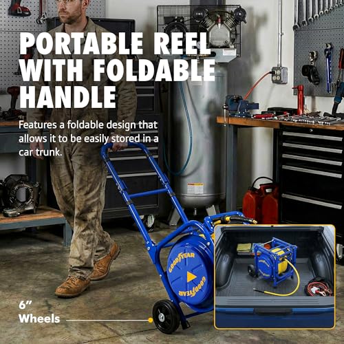 Image of Goodyear Portable Air Hose Reel Cart with 3 /8 inch x 100 ft Hybrid Polymer Hose