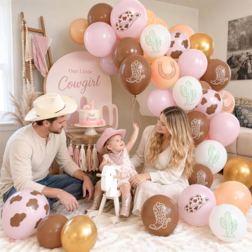 Image of Cowgirl Balloons, Dusty Pink Brown Cow Print Latex Balloons, Pink Cream Beige White Balloons for Cowgirl Girls Birthday My First Rodeo Western Baby Shower Yeehaw Country Farm Animals Party Decorations