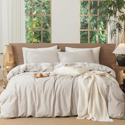 Image of MooMee Gingham Duvet Cover Set 100% Washed Cotton Linen Like Oversized King | Relaxed Linen-like Texture. Soft, Breathable & Long-lasting Comfort. Lightweight. Hidden Zipper with 8 Interior Corner Ties