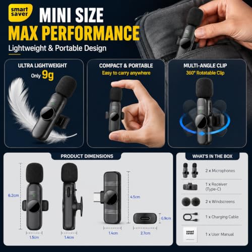 Image of Smart Saver 2 Pack Professional Wireless Lavalier Microphone for iPhone iPad(iPhone 14 and Below), Plug-Play Clip on Mic for YouTube, Recording, Vlog, Facebook Live