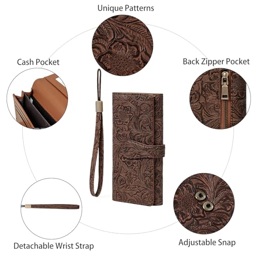 Image of Wristlet Wallet for Women Leather Clutch Purse Trifold Card Holder RFID Blocking Large Capacity Brown
