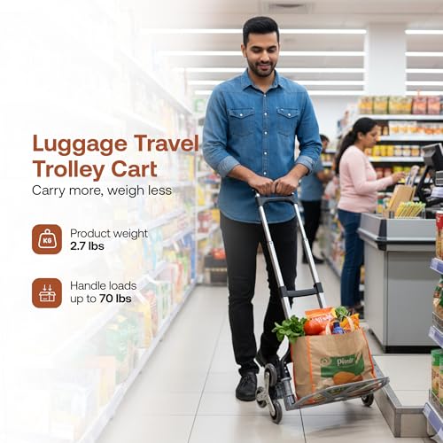Image of BonKaso 60kg Foldable Stair-Climbing Trolley with 3 Puncture-Proof Wheels | Heavy-Duty Aluminium & ABS Plastic Hand Truck | Luggage Cart for Boxes, Appliances & Travel Use (47.5x44.5x100.5cm) Silver