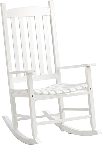 Mecedoras para exteriores, mecedora de madera con un asiento curvado y un respaldo de listones altos, mecedora blanca con brazos anchos, mecedoras