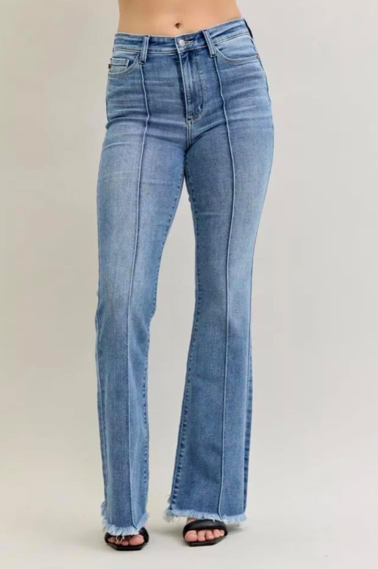 Judy Blue High Rise Fray Hem Flared Jeans with Front Pintuck Detail- Ivory Gem