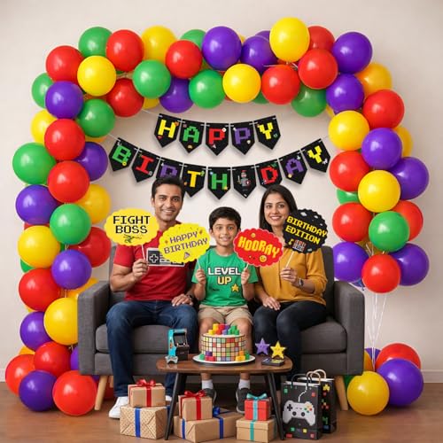 Image of Party Propz Game Theme Happy Birthday Decoration Kit -79 Pcs, Balloon for Birthday Decoration Items with Photobooth Props, Game Theme Happy Birthday Banner for Boys & Girls (Cardstock, Latex)