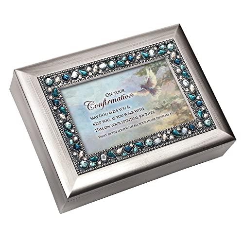 Cottage Garden On Your Confirmation May God Bless Brushed Silvertone Jeweled Music Box Plays On Eagle's Wings