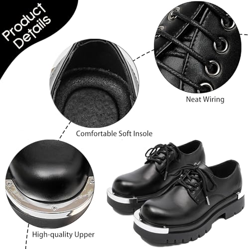 Men's Platform Block Heel Leather Goth Oxfords with Metal Decor Classic Round Toe Lace Up Chunky Heel Lug Sole Fashion Punk Motorcycle Shoes for Casual Business Work Derby Dress Shoes4